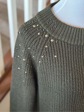 Mossimo Supply Co. Olive Green Metal-Embellished Crewneck Sweater - E1005